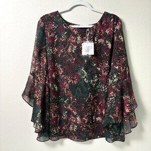 Kasper Blouse Womens 2X Multicolor Print Ruffle 3/4 Bell Sleeve Flowy Top NWT